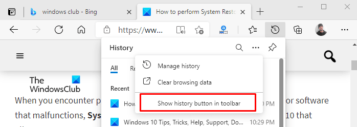 Show History button on Toolbar in Microsoft Edge