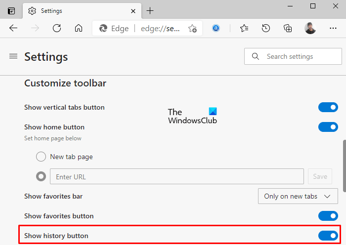 Show or Hide History button on Toolbar in Microsoft Edge