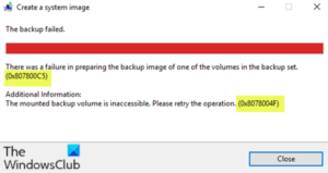 System Image Backup failed, Errors 0x807800C5 and 0x8078004F