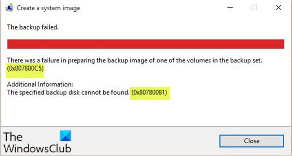 System Image Backup errors 0x807800C5 and 0x80780081