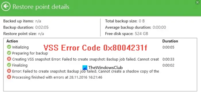 VSS Error Code 0x8004231f