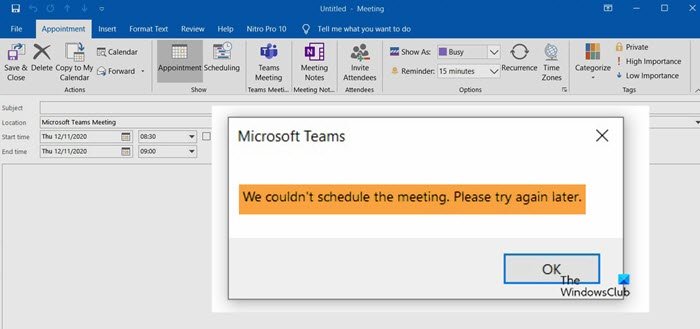 We couldn’t schedule the meeting error in Teams in Outlook