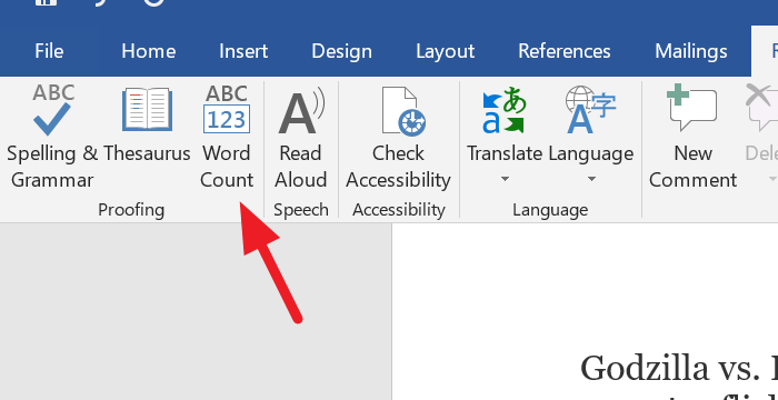 Word Count button in Proofing section