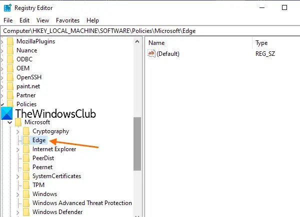 access Edge key in Registry Editor