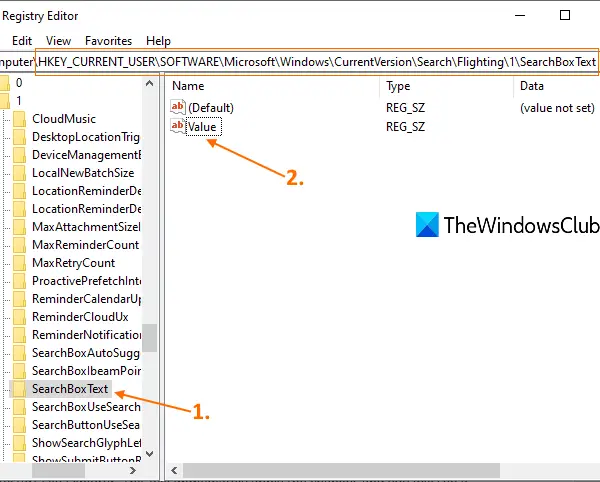 access SearchBoxText key and double-click on Value name String value