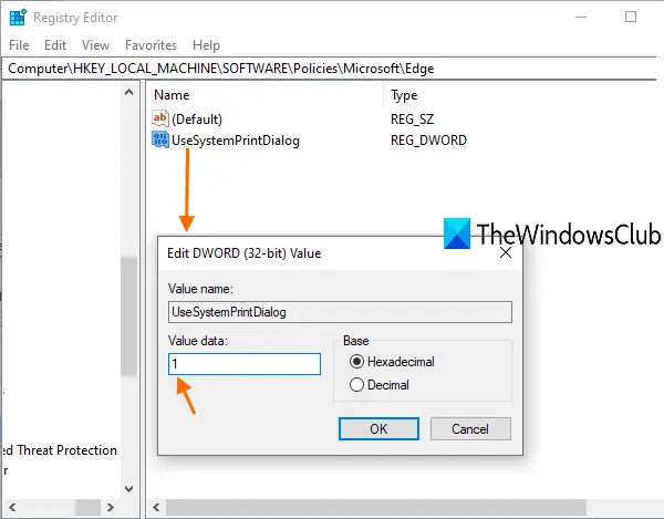 add 1 in value data field of UseSystemPrintDialog value