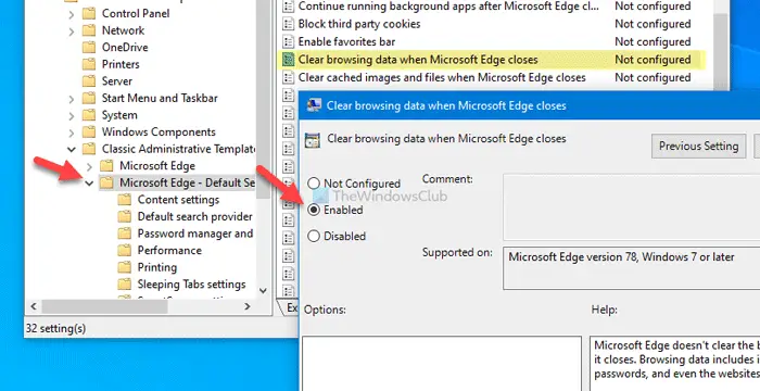 How to automatically clear browsing data when Edge closes