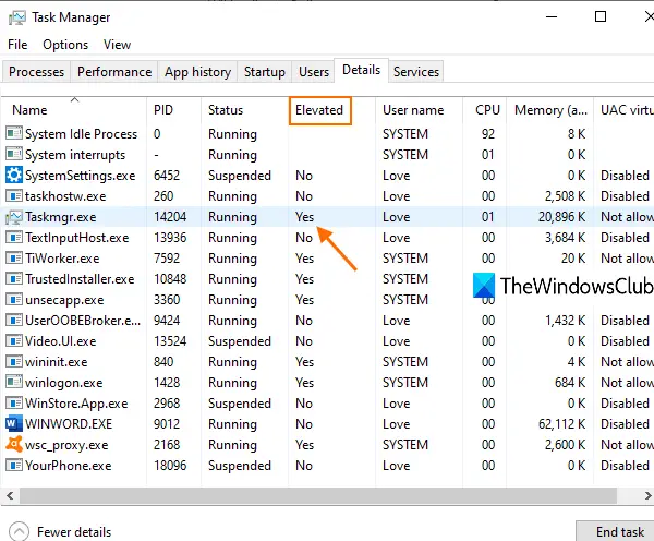 check if a process is running with admin rights in windows 10