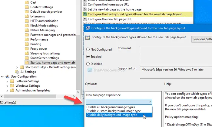 How to configure image background types for Edge new tab page