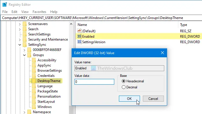 Configure Windows 10 Sync Settings using Registry Editor