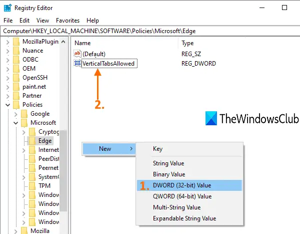 create VerticalTabsAllowed DWORD value