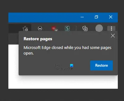 disable Restore Pages notification in Edge