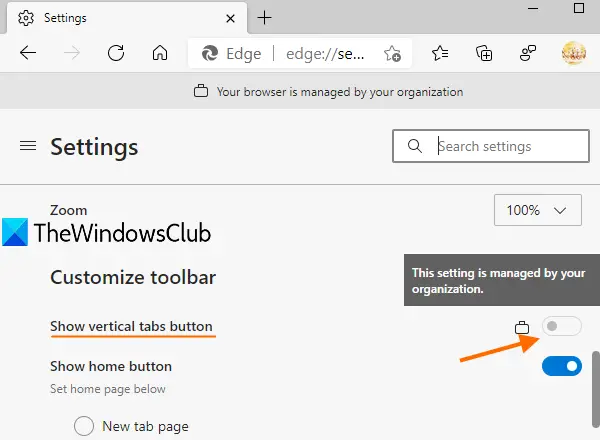 disable vertical tabs in Microsoft Edge