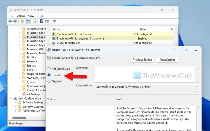How to enable or disable AutoFill for Addresses and Credit Cards in Edge