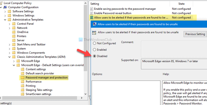 How to enable or disable Password Monitor in Edge