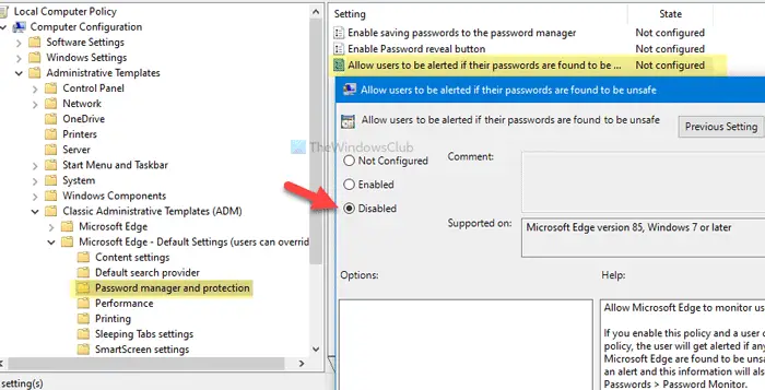 How to enable or disable Password Monitor in Edge