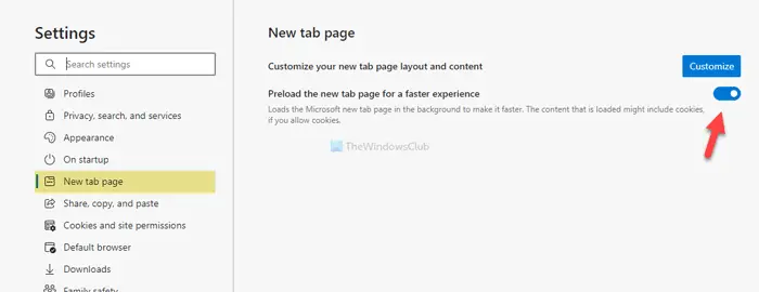 How to enable or disable Preload new tab page on Edge