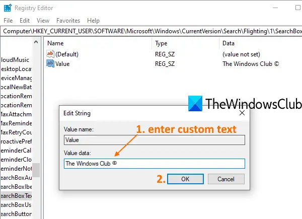 enter custom text in Value data field