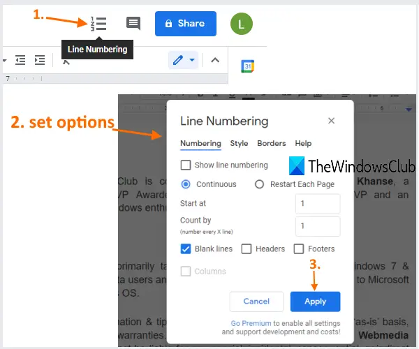 set line numbering options