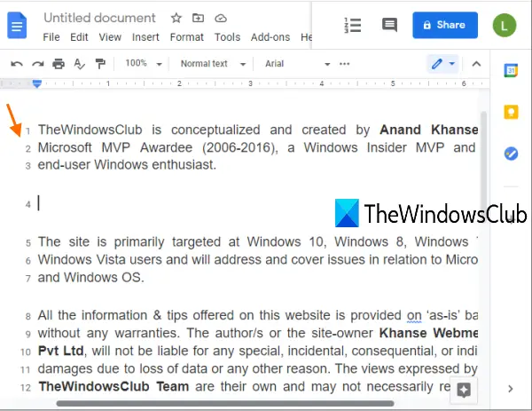 show line numbers Google Docs