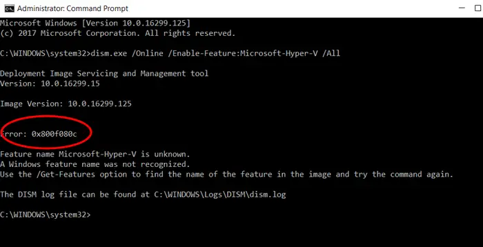 0X800F080C Hyper-V error