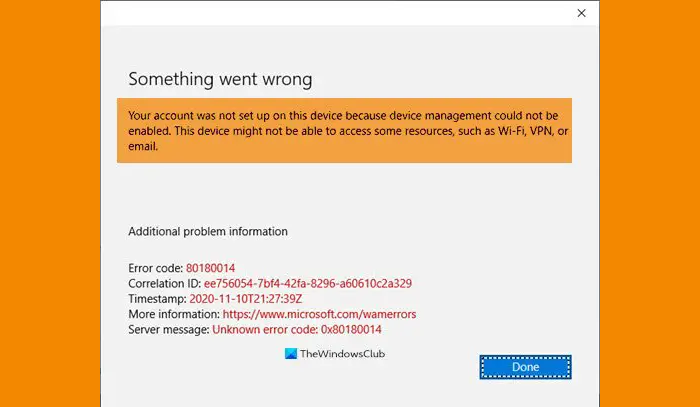 80180014, Your account was not set up on this device