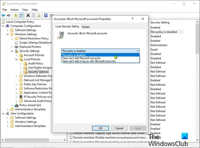 'Allow' Microsoft account via Local Group Policy Editor