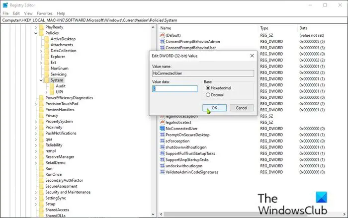 'Allow' Microsoft account via Registry Editor