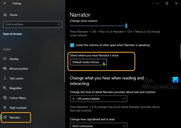 Change Default Audio Output Device for Narrator