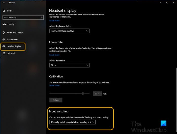 Change Desktop and Windows Mixed Reality Input Switching-Settings app