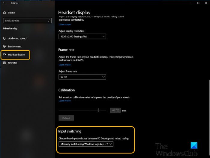 Change Desktop and Windows Mixed Reality Input Switching-Settings app