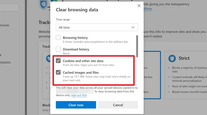 Clear cookies, cache and site data on Edge