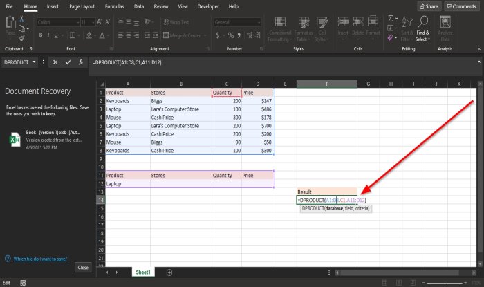 How to use DPRODUCT function in Excel