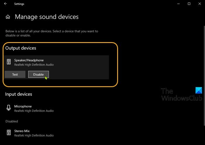 Settings (Manage sound devices) app