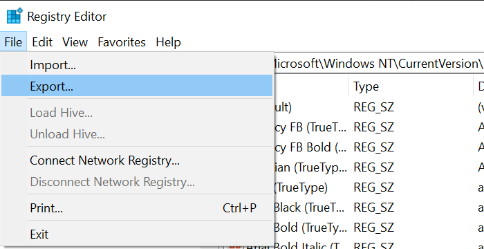 Export Registry on Windows 10