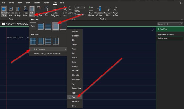 How to change the Page Background and Rule Lines color in OneNote