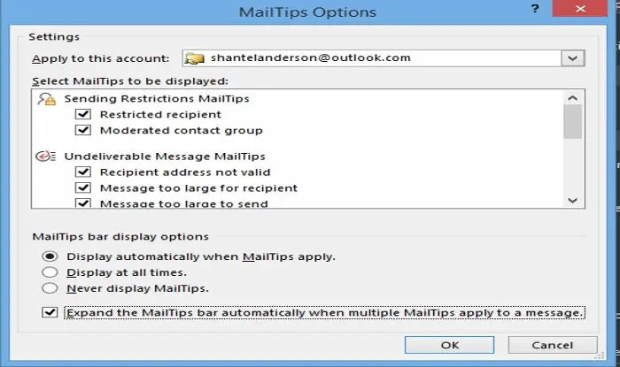 How to use MailTip options in Outlook