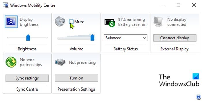 Mute or unmute Sound Volume-Windows Mobility Center
