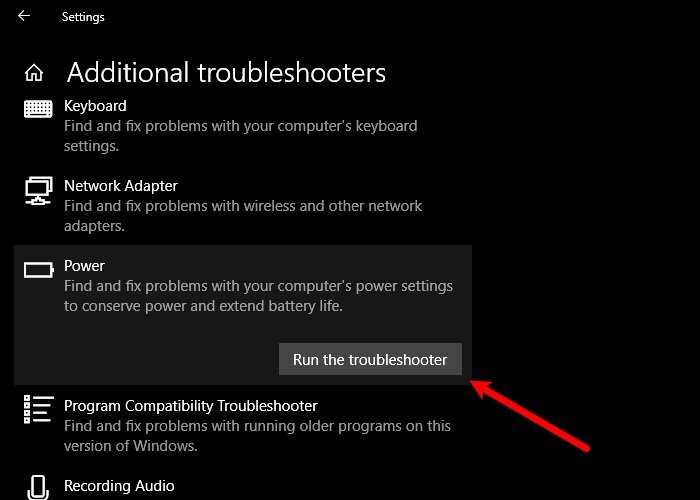 Power Troubleshooter - Windows 10