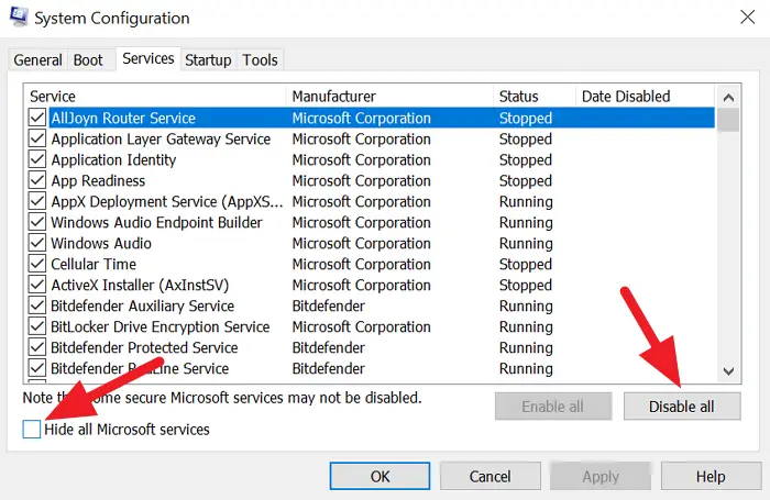 Services Tab in System Configuration