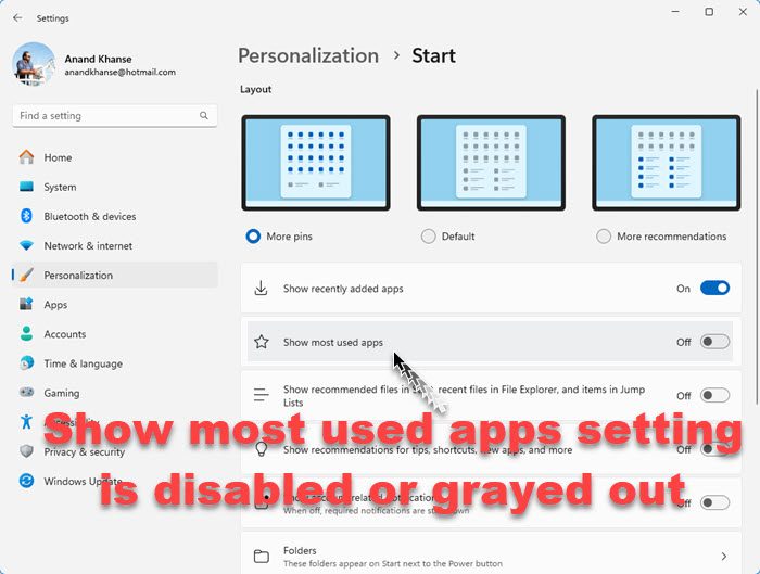 Show most used apps setting is disabled or grayed out