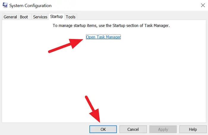 Startup Tab in System Configuration