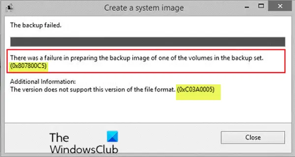 System Image Backup errors 0x807800C5 and 0xC03A0005