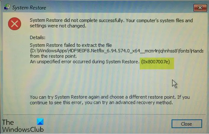 System Restore error 0x8007007e