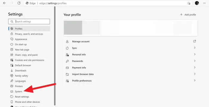 System settings in Edge