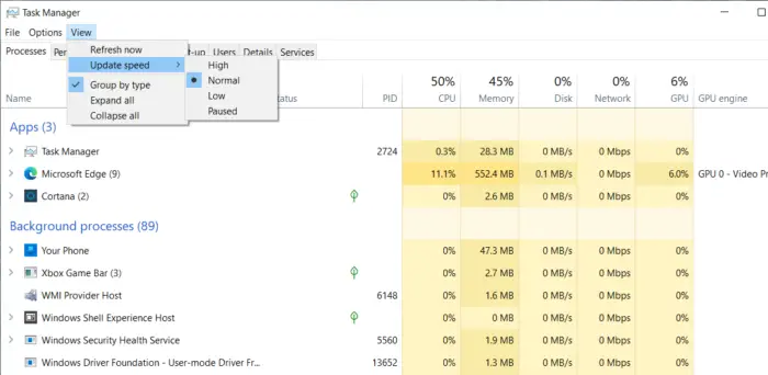 Change Task Manager Data Update speed in Windows 10