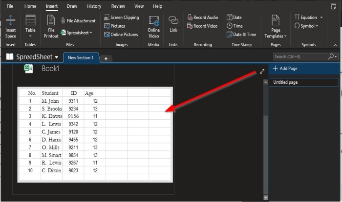 How to insert Excel spreadsheet in OneNote