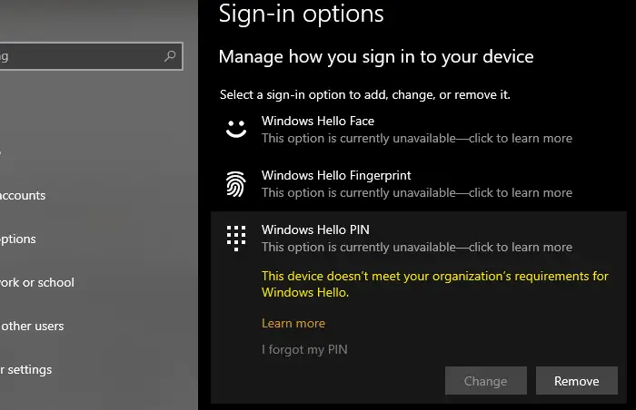 This device doesn’t meet your organization’s requirements for Windows Hello
