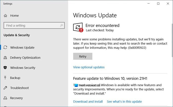 Windows Update Error 0x800F0922