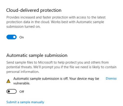 automatic sample submission Windows Defender 7